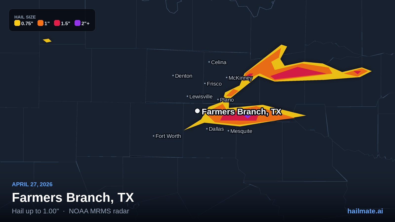 Hail swath map for Farmers Branch, TX on April 27, 2026 showing 1.00 inch hail.