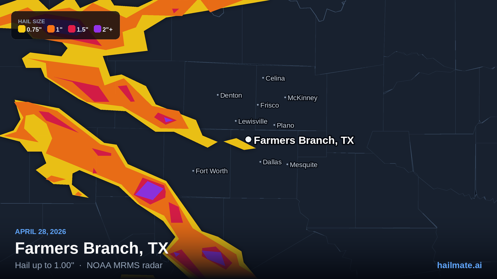 Hail swath map for Farmers Branch, TX on April 28, 2026 showing 1.00 inch hail.