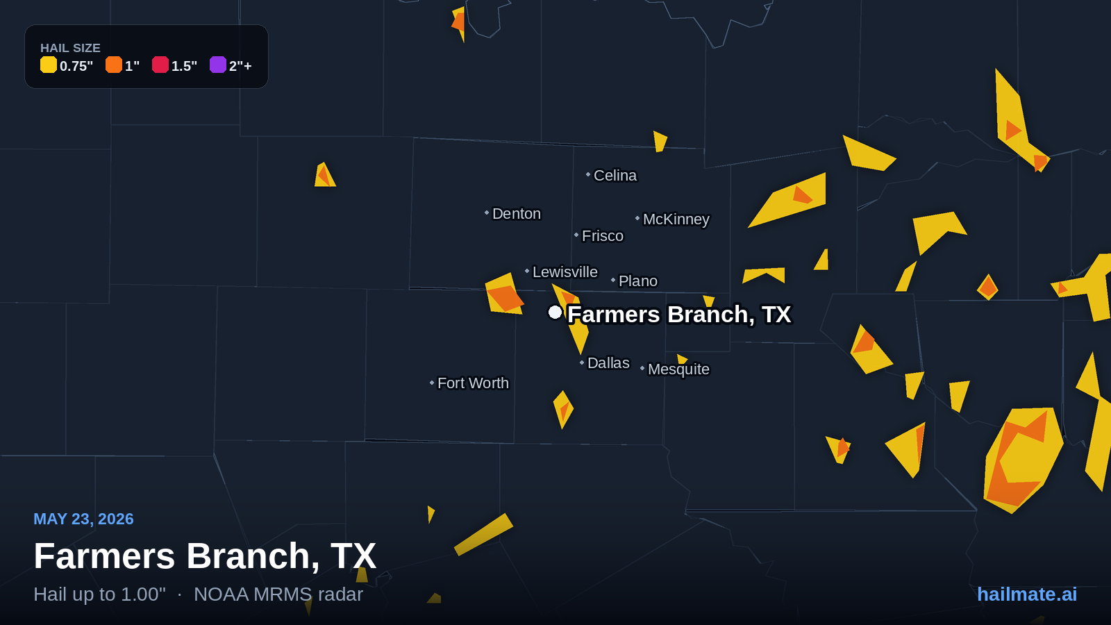 Hail swath map for Farmers Branch, TX on May 23, 2026 showing 1.00 inch hail.