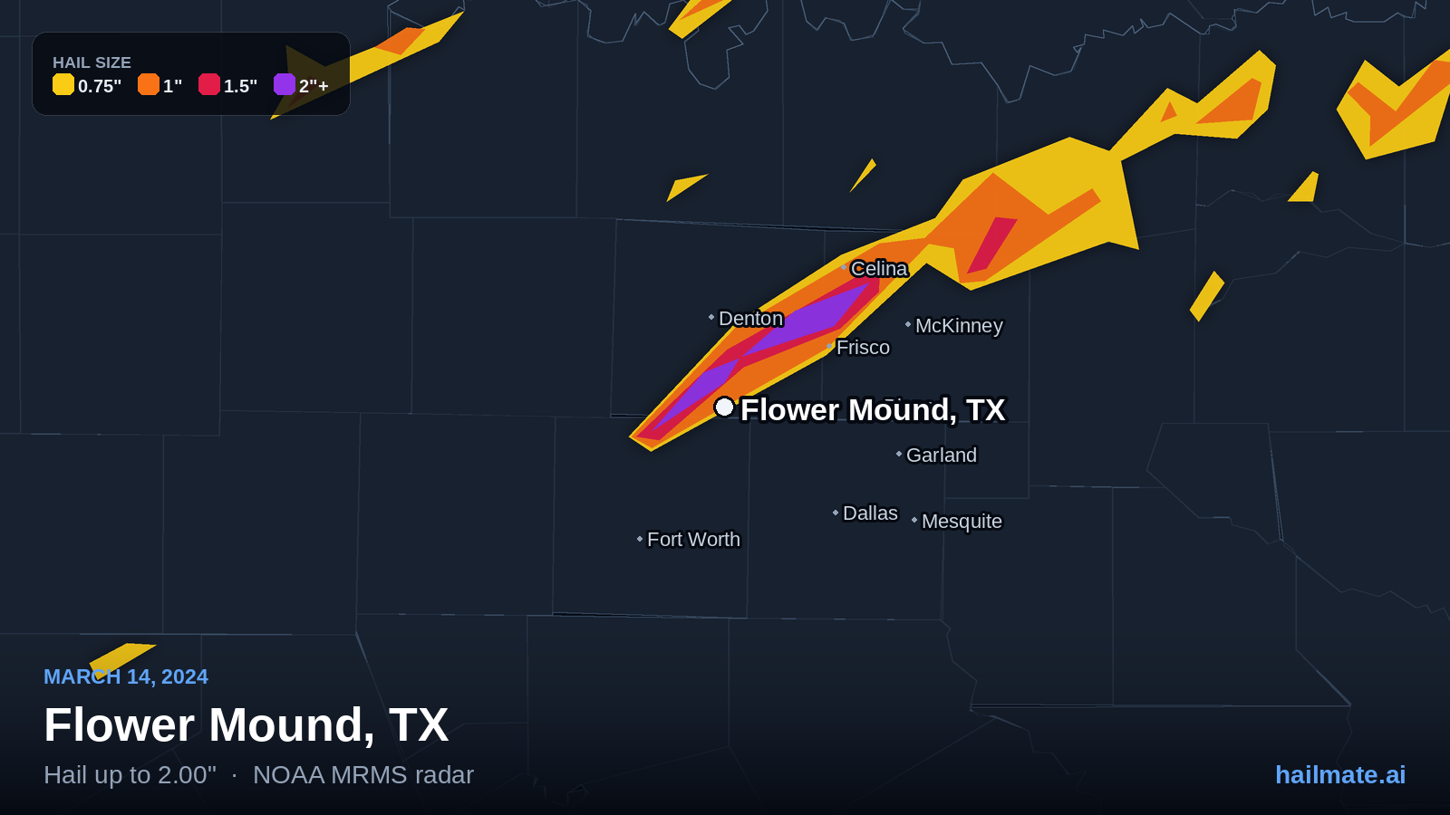 Hail swath map for Flower Mound, TX on March 14, 2024 showing 2.00 inch hail.