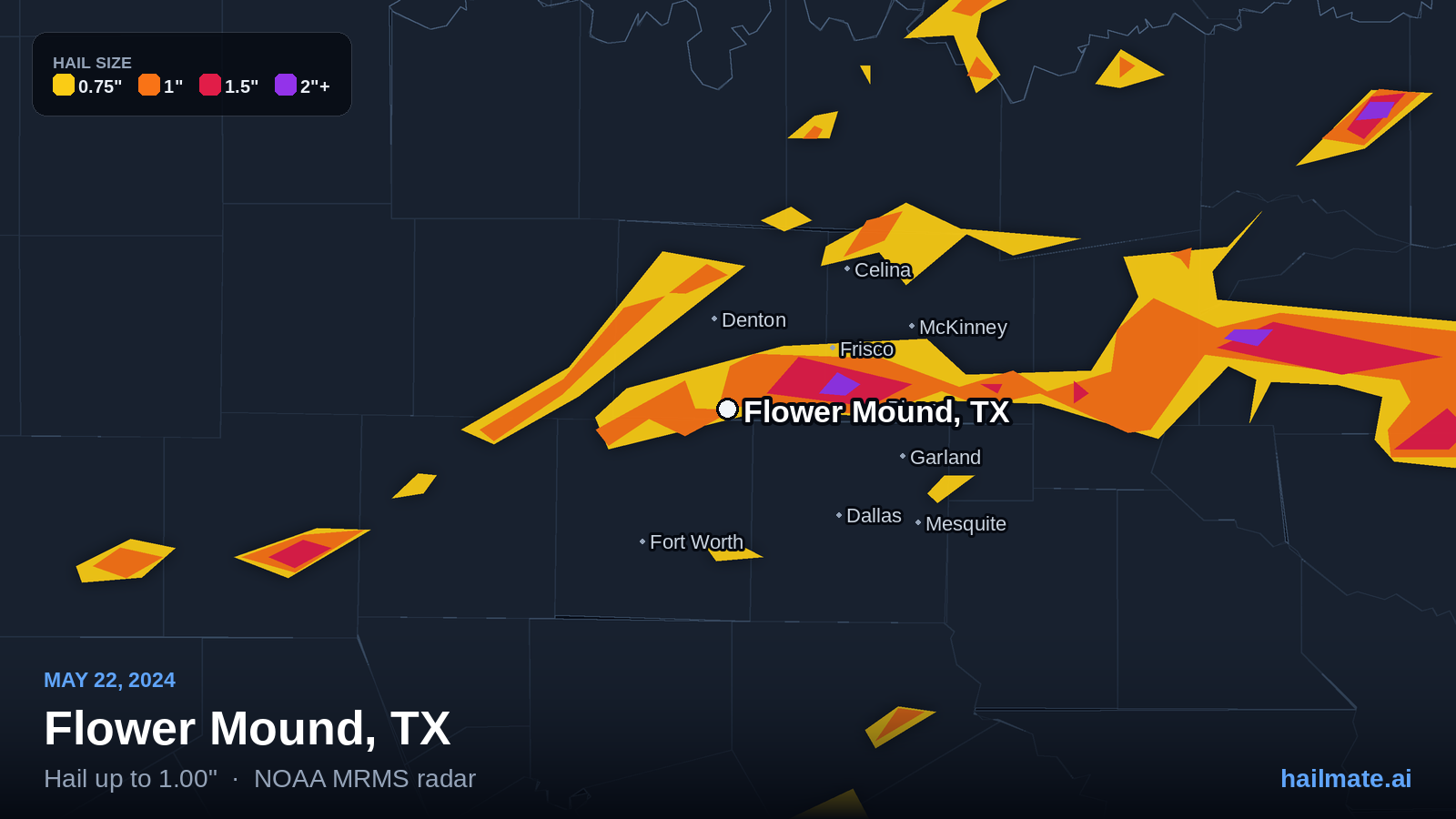 Hail swath map for Flower Mound, TX on May 22, 2024 showing 1.00 inch hail.
