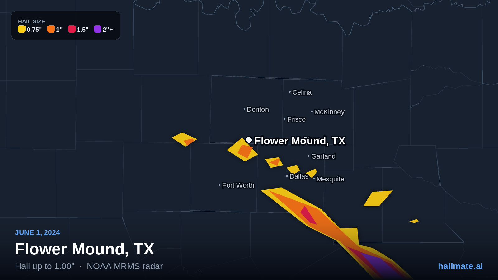Hail swath map for Flower Mound, TX on June 1, 2024 showing 1.00 inch hail.