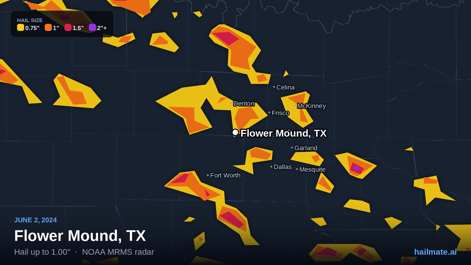 Hail swath map for Flower Mound, TX on June 2, 2024 showing 1.00 inch hail.