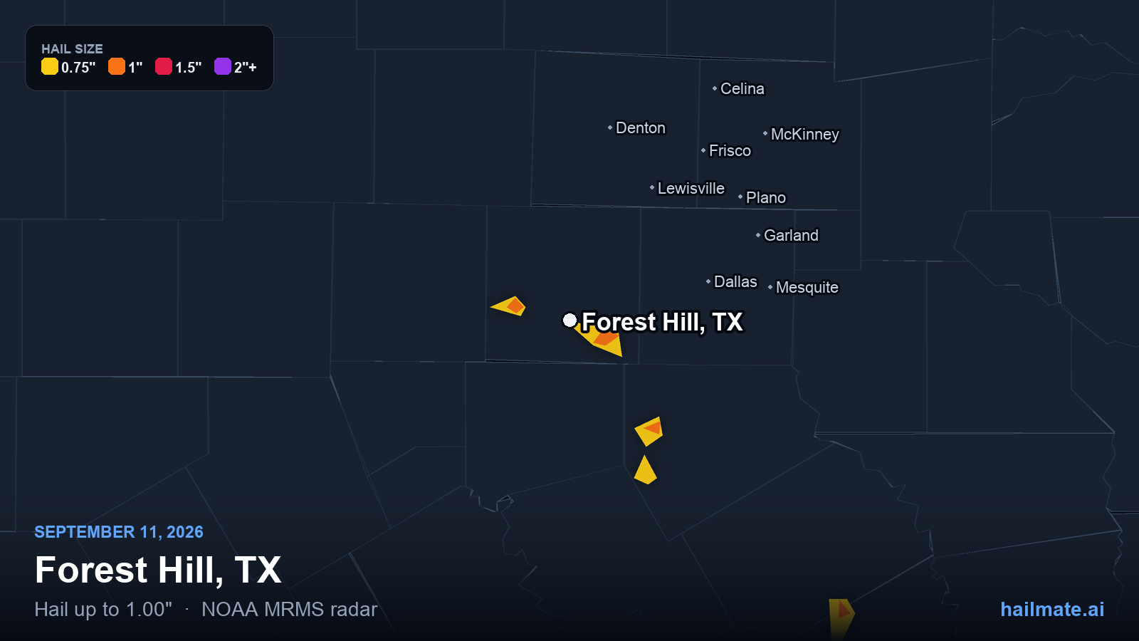 Hail swath map for Forest Hill, TX on September 11, 2026 showing 1.00 inch hail.