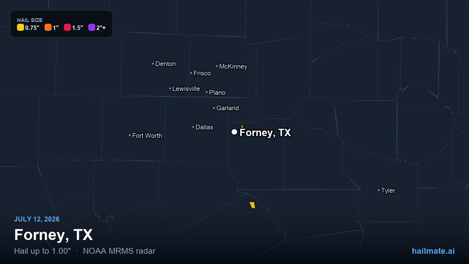 Hail swath map for Forney, TX on July 12, 2026 showing 1.00 inch hail.