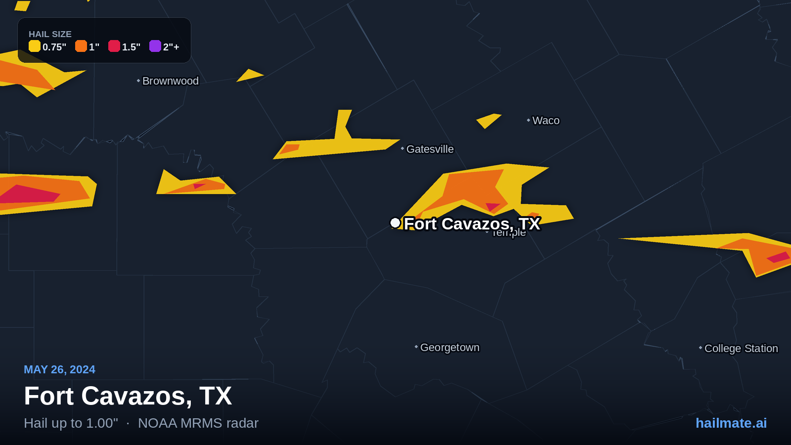 Hail swath map for Fort Cavazos, TX on May 26, 2024 showing 1.00 inch hail.