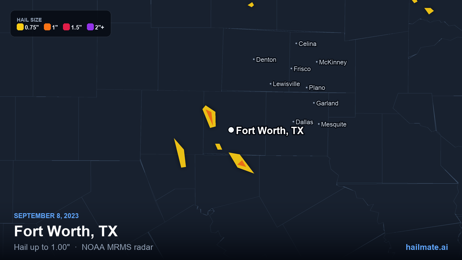 Hail swath map for Fort Worth, TX on September 8, 2023 showing 1.00 inch hail.