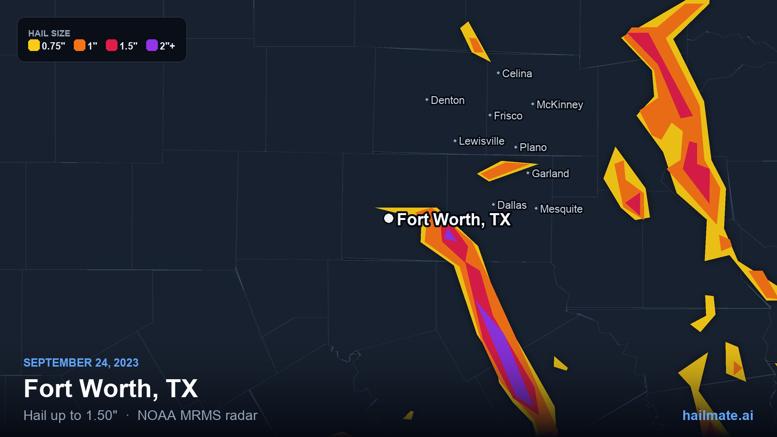 Hail swath map for Fort Worth, TX on September 24, 2023 showing 1.50 inch hail.