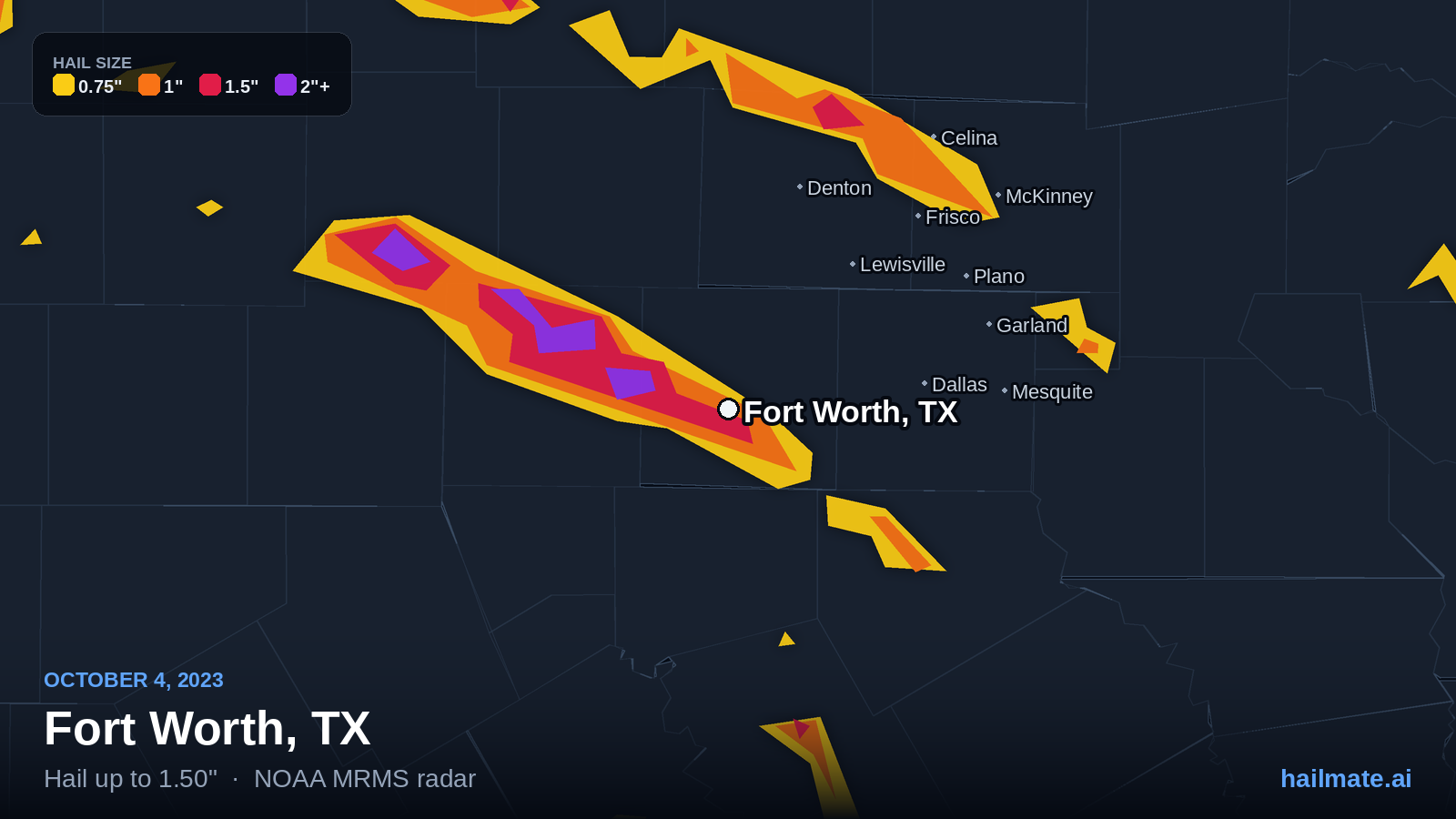 Hail swath map for Fort Worth, TX on October 4, 2023 showing 1.50 inch hail.