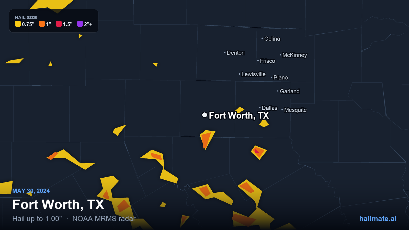 Hail swath map for Fort Worth, TX on May 30, 2024 showing 1.00 inch hail.
