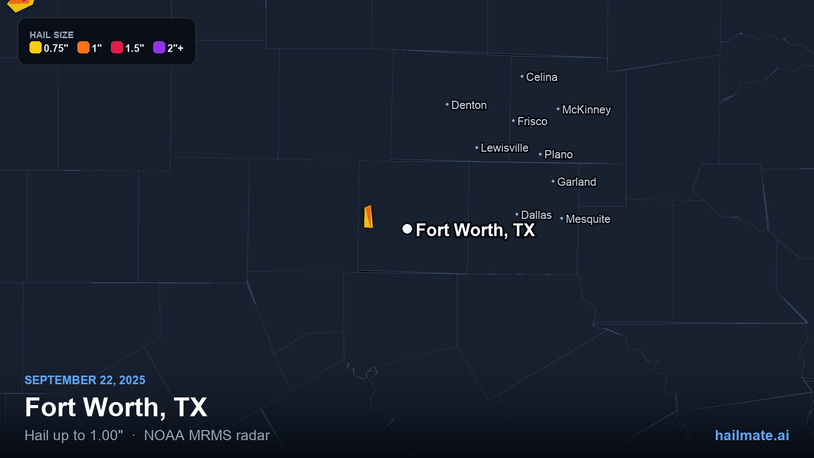 Hail swath map for Fort Worth, TX on September 22, 2025 showing 1.00 inch hail.