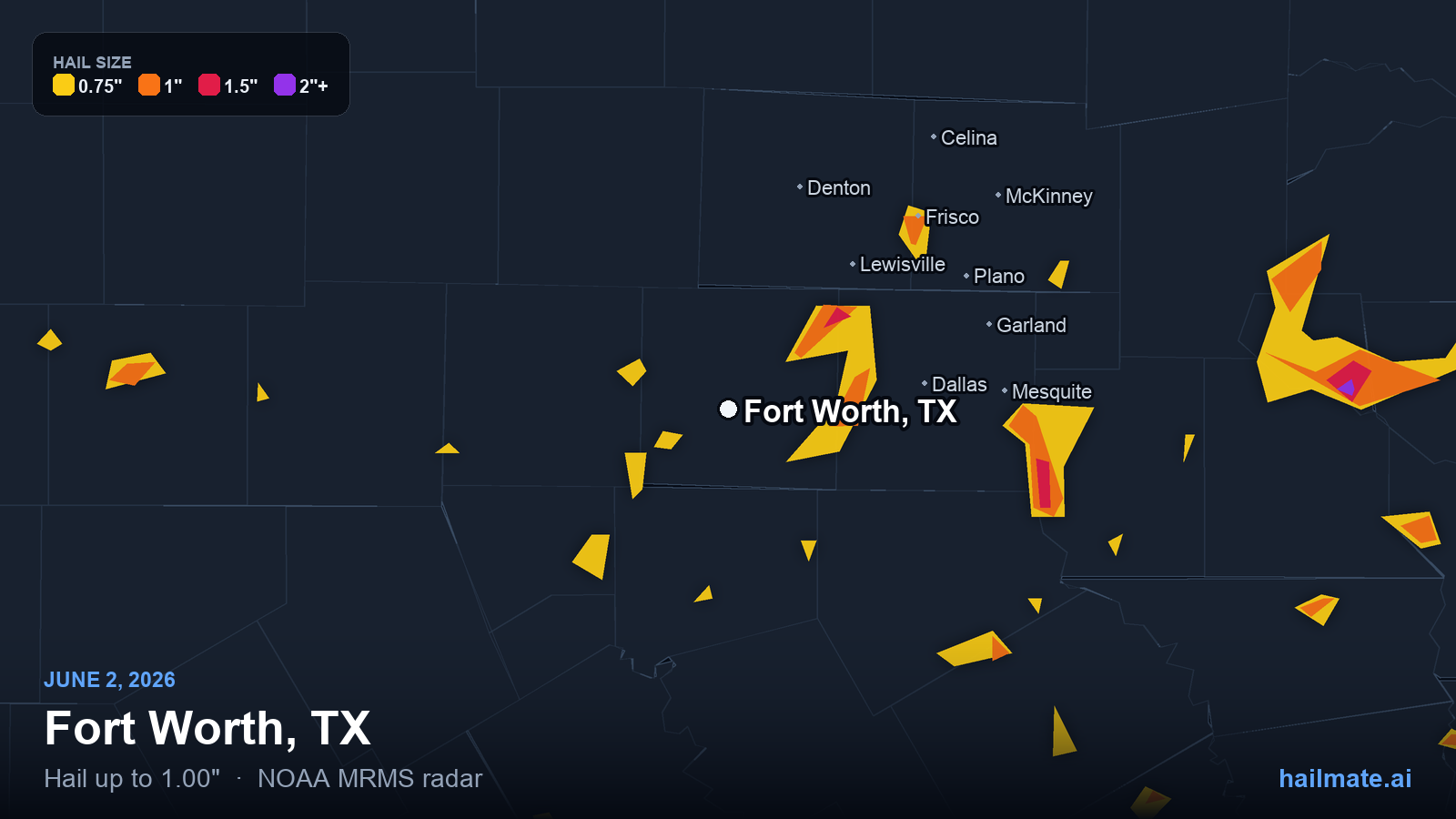 Hail swath map for Fort Worth, TX on June 2, 2026 showing 1.00 inch hail.