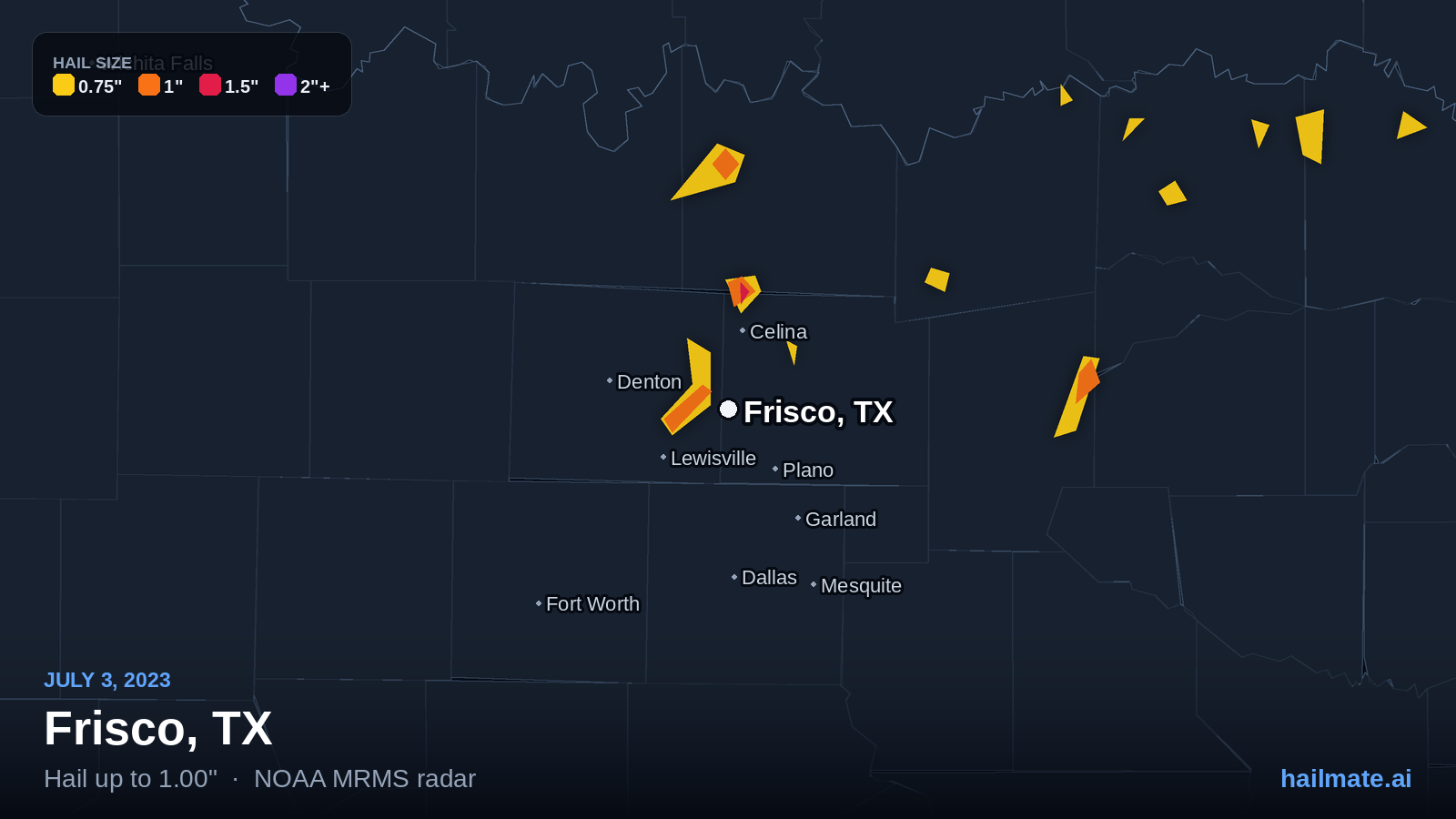 Hail swath map for Frisco, TX on July 3, 2023 showing 1.00 inch hail.