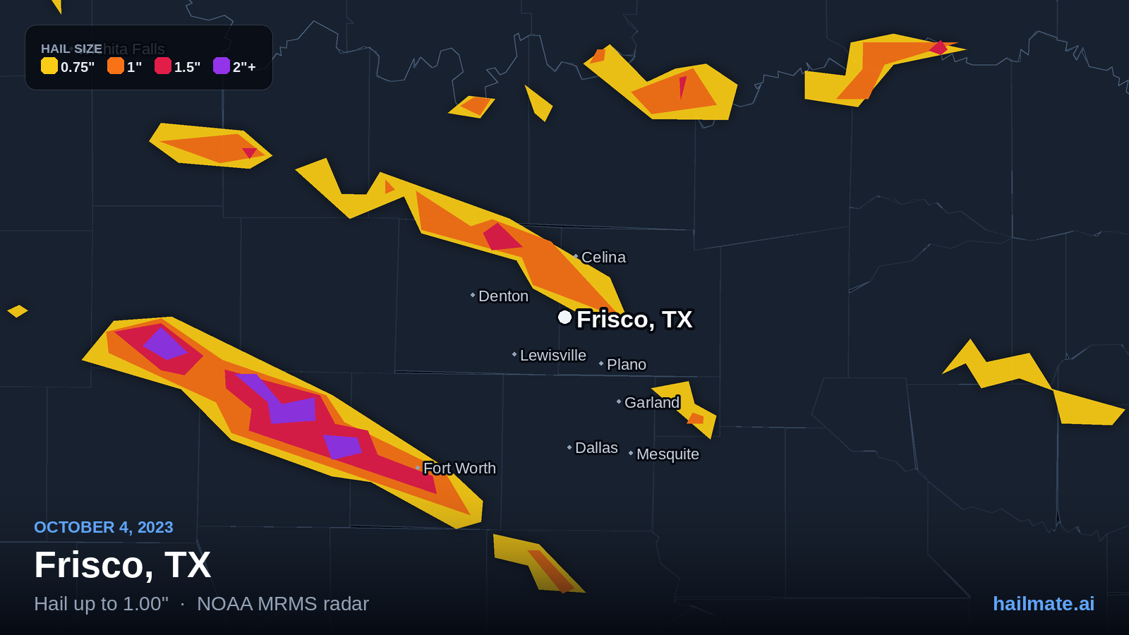 Hail swath map for Frisco, TX on October 4, 2023 showing 1.00 inch hail.