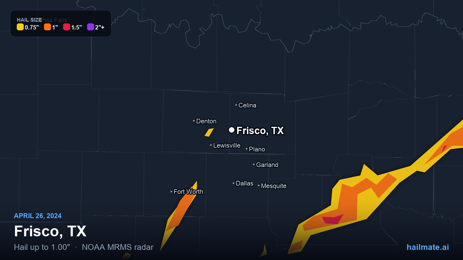 Hail swath map for Frisco, TX on April 26, 2024 showing 1.00 inch hail.