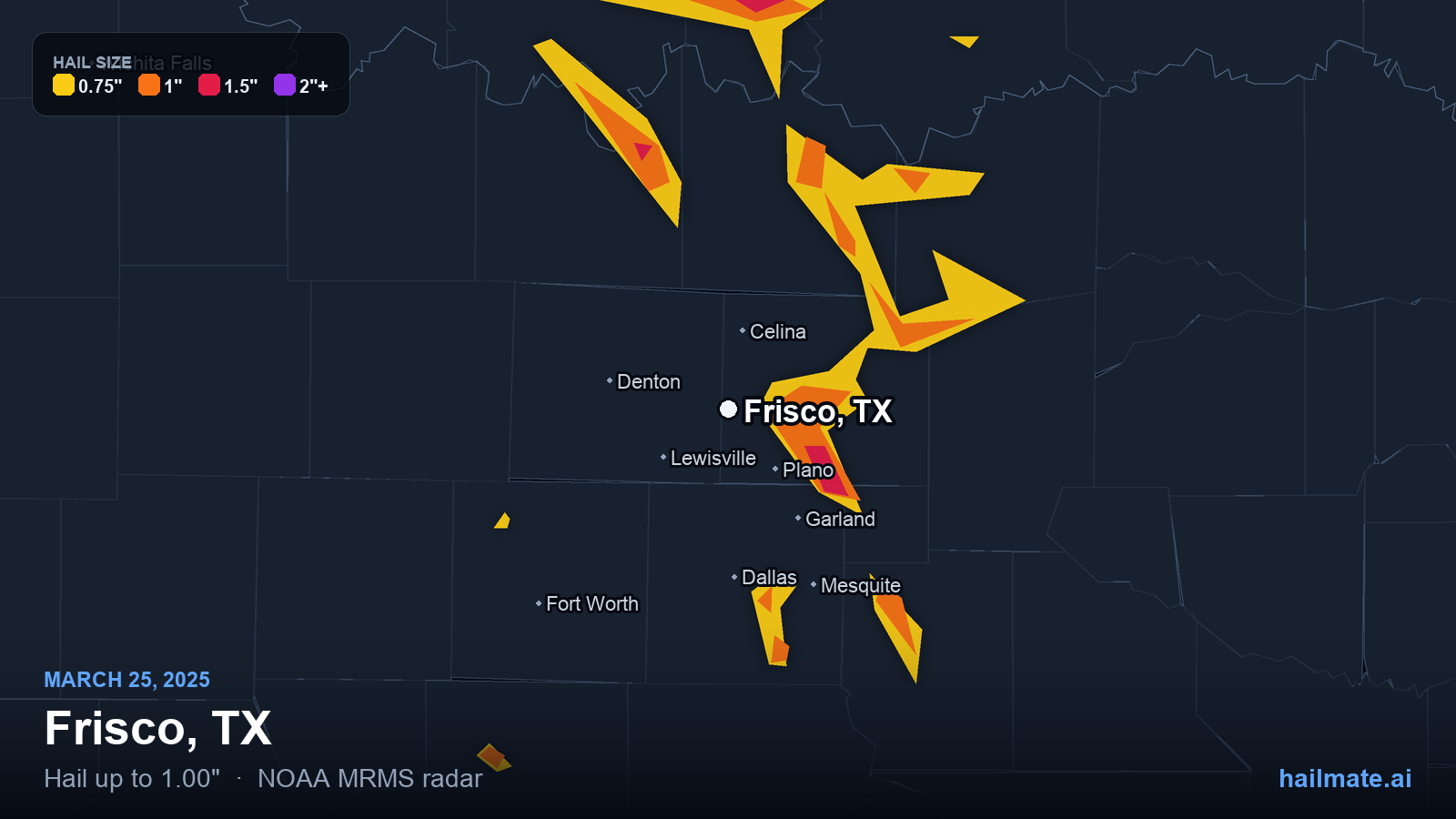 Hail swath map for Frisco, TX on March 25, 2025 showing 1.00 inch hail.