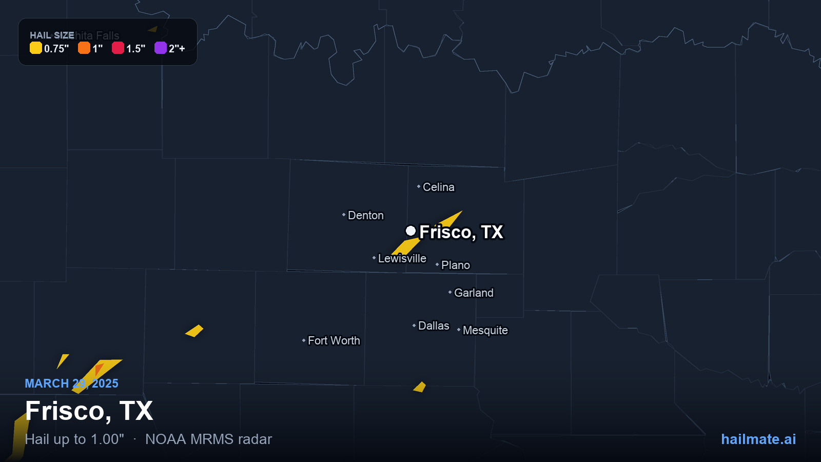 Hail swath map for Frisco, TX on March 29, 2025 showing 1.00 inch hail.