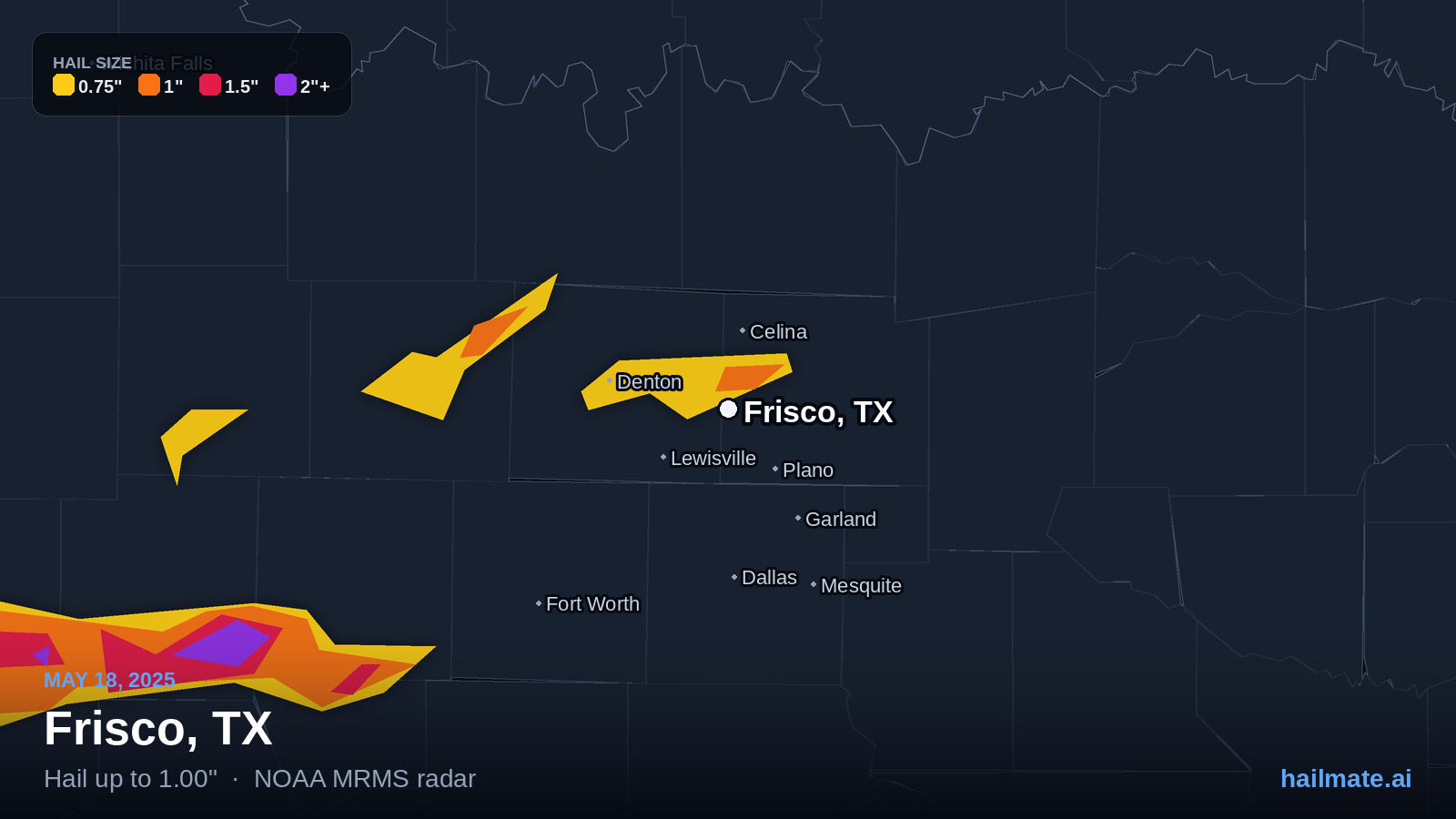 Hail swath map for Frisco, TX on May 18, 2025 showing 1.00 inch hail.
