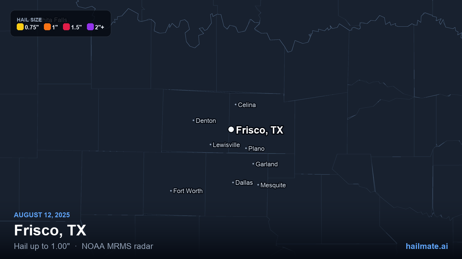 Hail swath map for Frisco, TX on August 12, 2025 showing 1.00 inch hail.