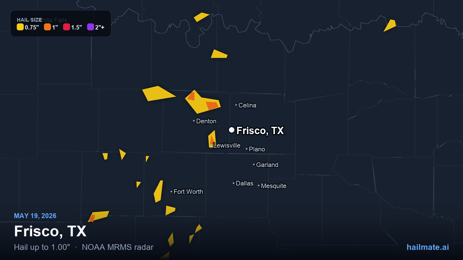 Hail swath map for Frisco, TX on May 19, 2026 showing 1.00 inch hail.