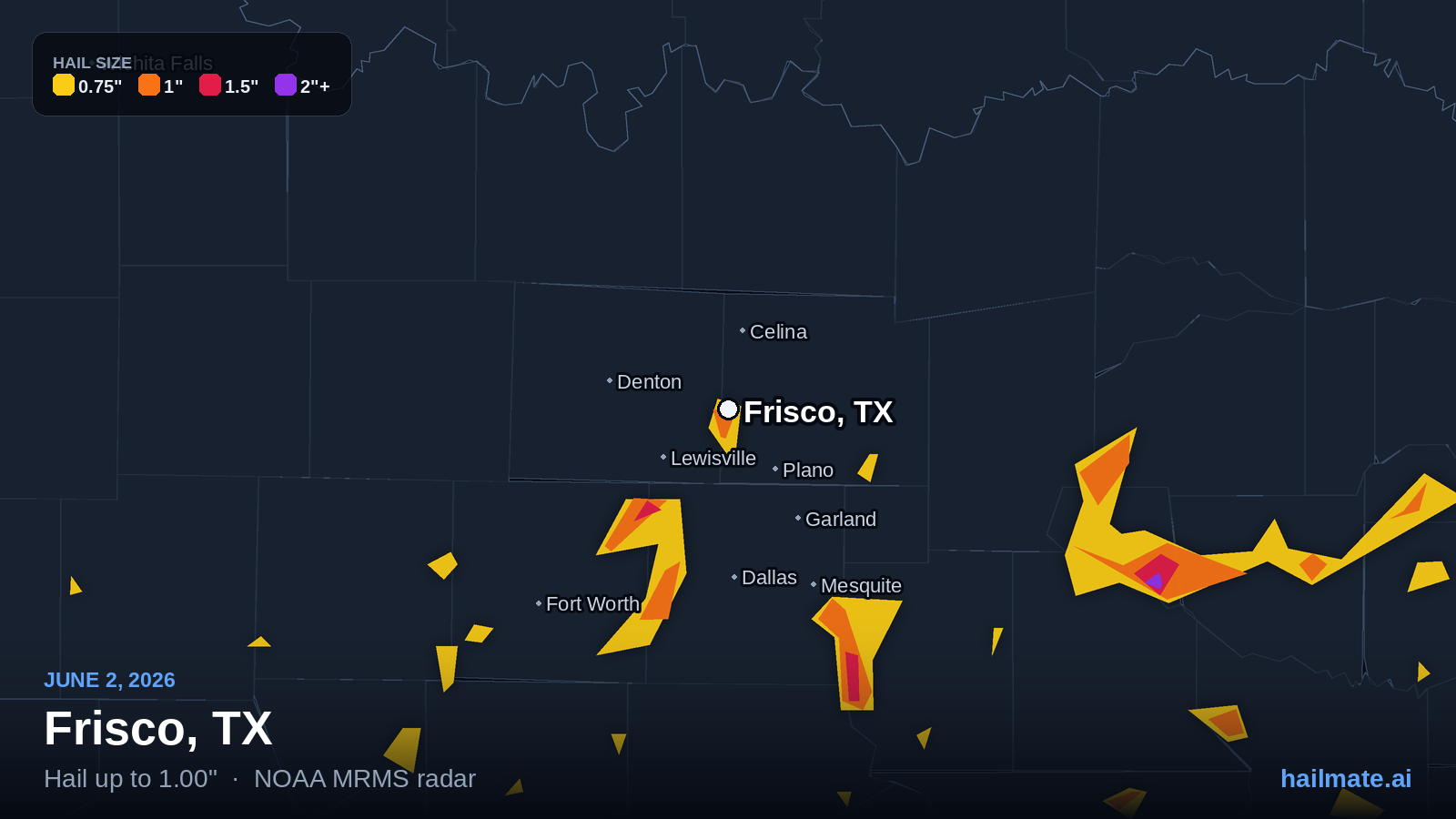 Hail swath map for Frisco, TX on June 2, 2026 showing 1.00 inch hail.