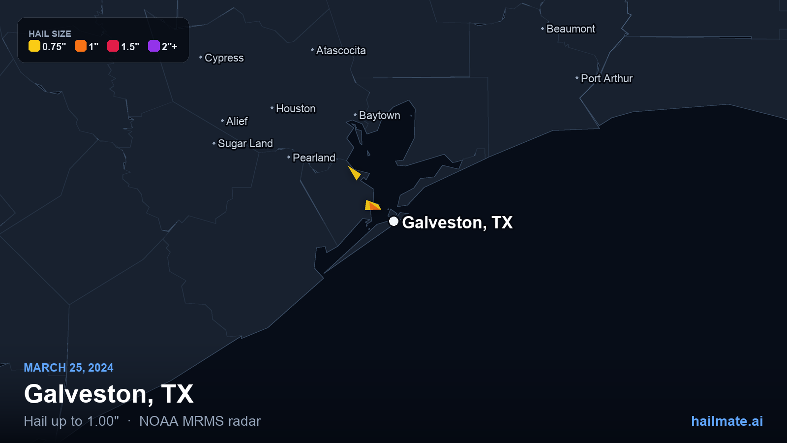 Hail swath map for Galveston, TX on March 25, 2024 showing 1.00 inch hail.