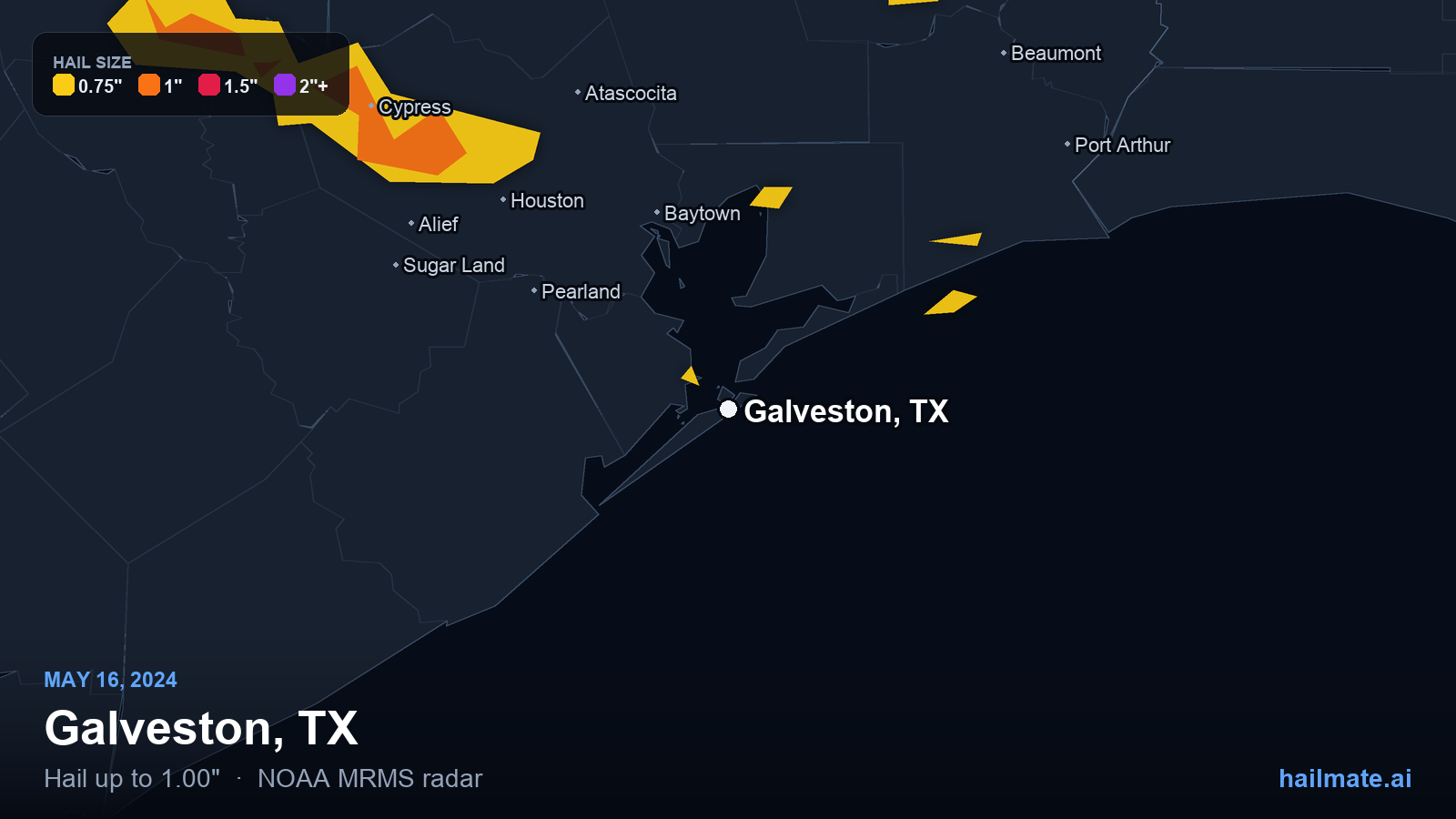 Hail swath map for Galveston, TX on May 16, 2024 showing 1.00 inch hail.