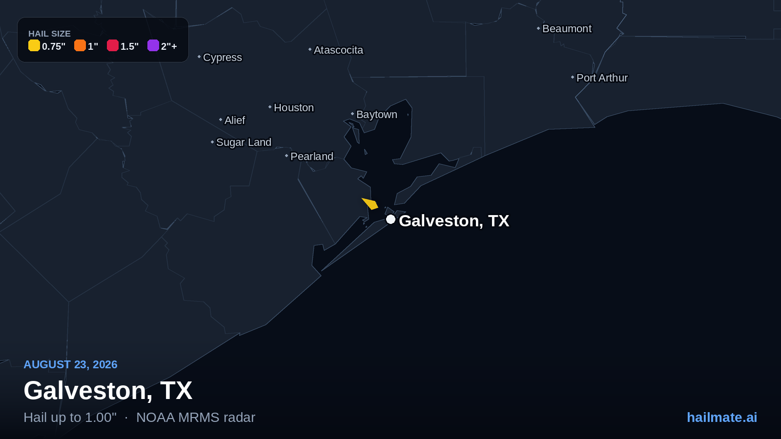 Hail swath map for Galveston, TX on August 23, 2026 showing 1.00 inch hail.