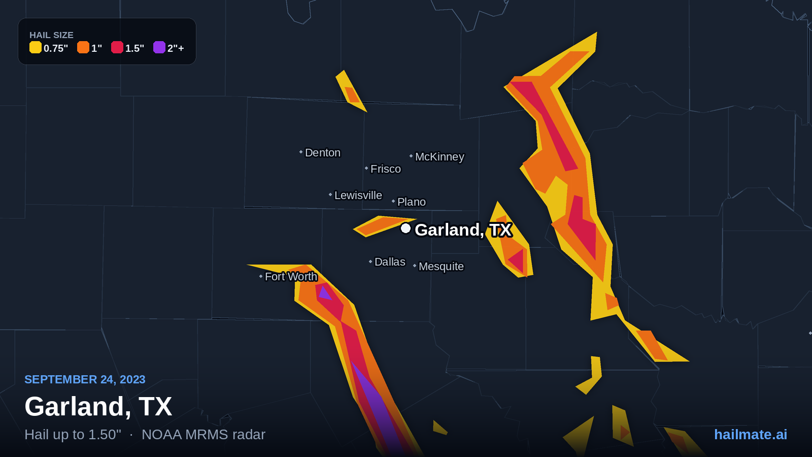 Hail swath map for Garland, TX on September 24, 2023 showing 1.50 inch hail.