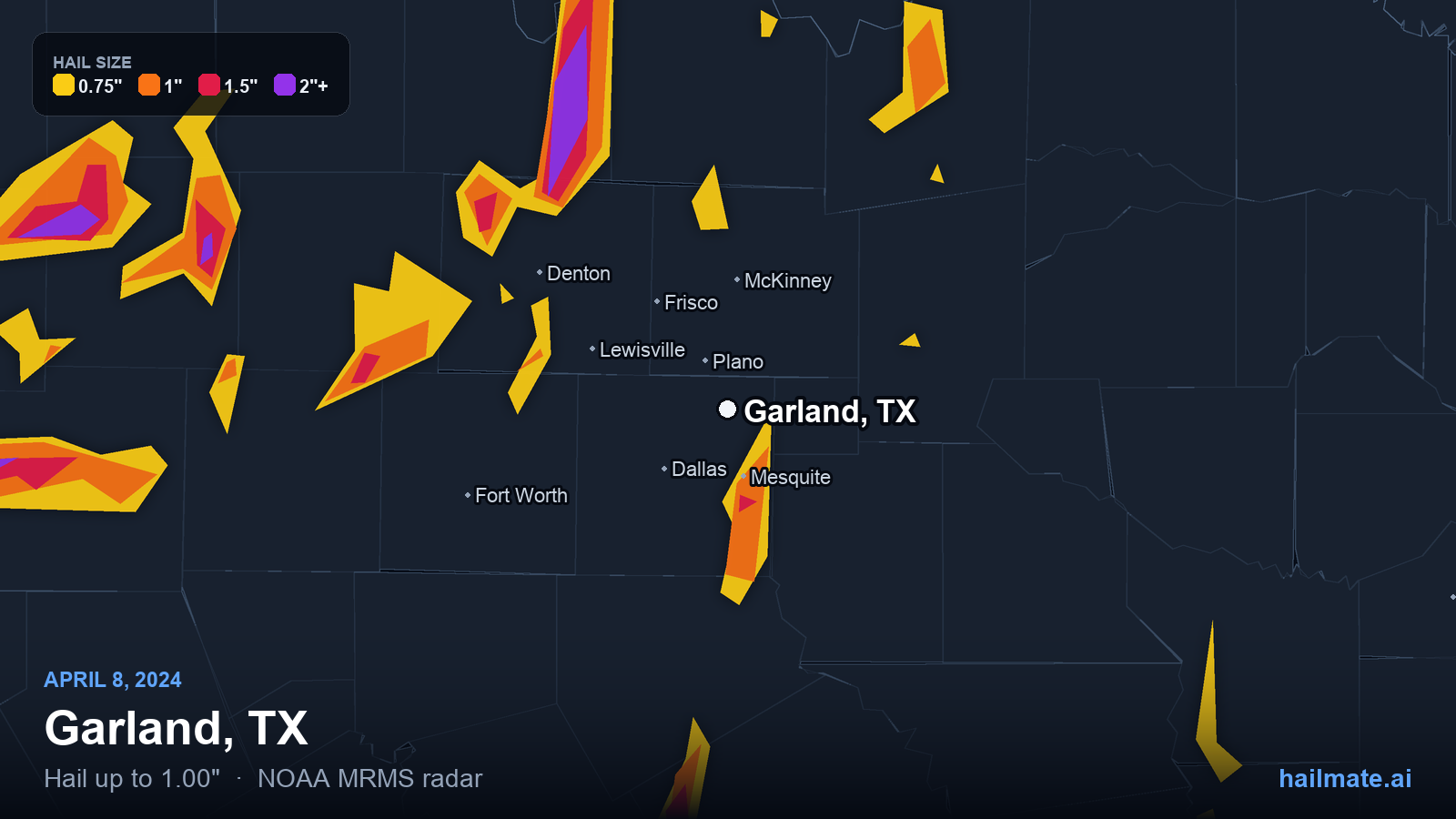 Hail swath map for Garland, TX on April 8, 2024 showing 1.00 inch hail.