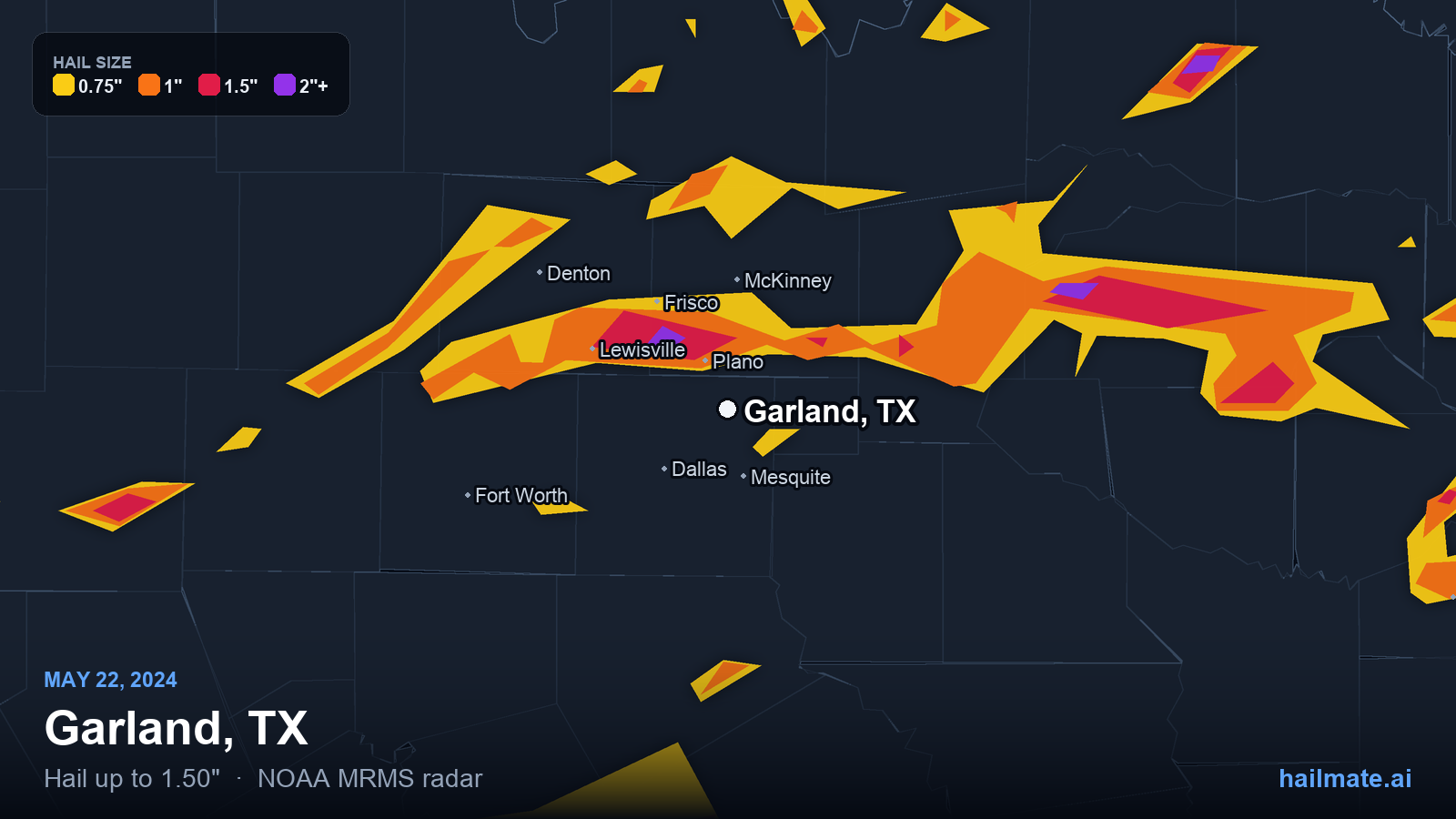 Hail swath map for Garland, TX on May 22, 2024 showing 1.50 inch hail.