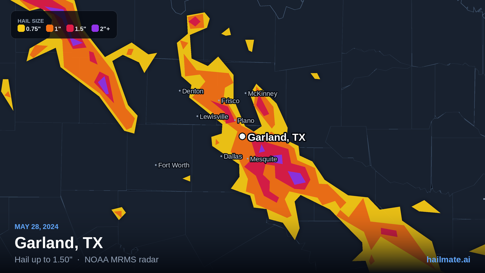 Hail swath map for Garland, TX on May 28, 2024 showing 1.50 inch hail.