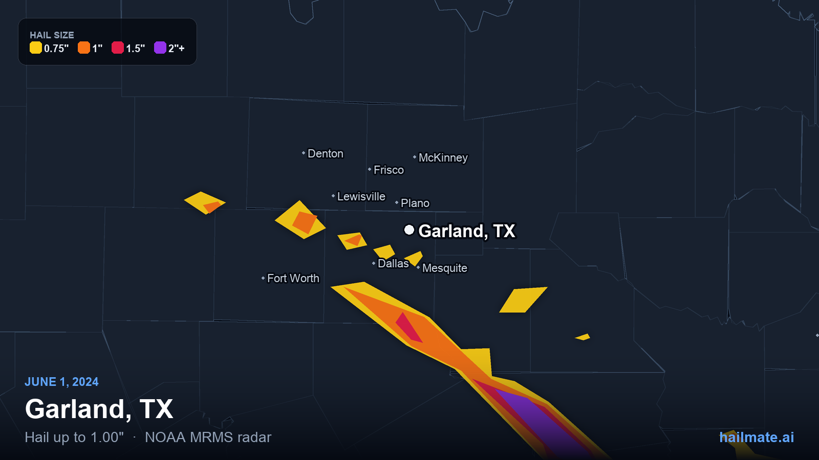 Hail swath map for Garland, TX on June 1, 2024 showing 1.00 inch hail.