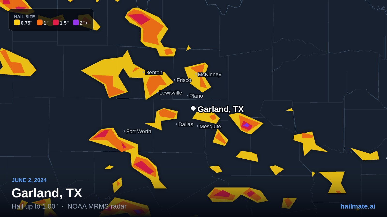 Hail swath map for Garland, TX on June 2, 2024 showing 1.00 inch hail.