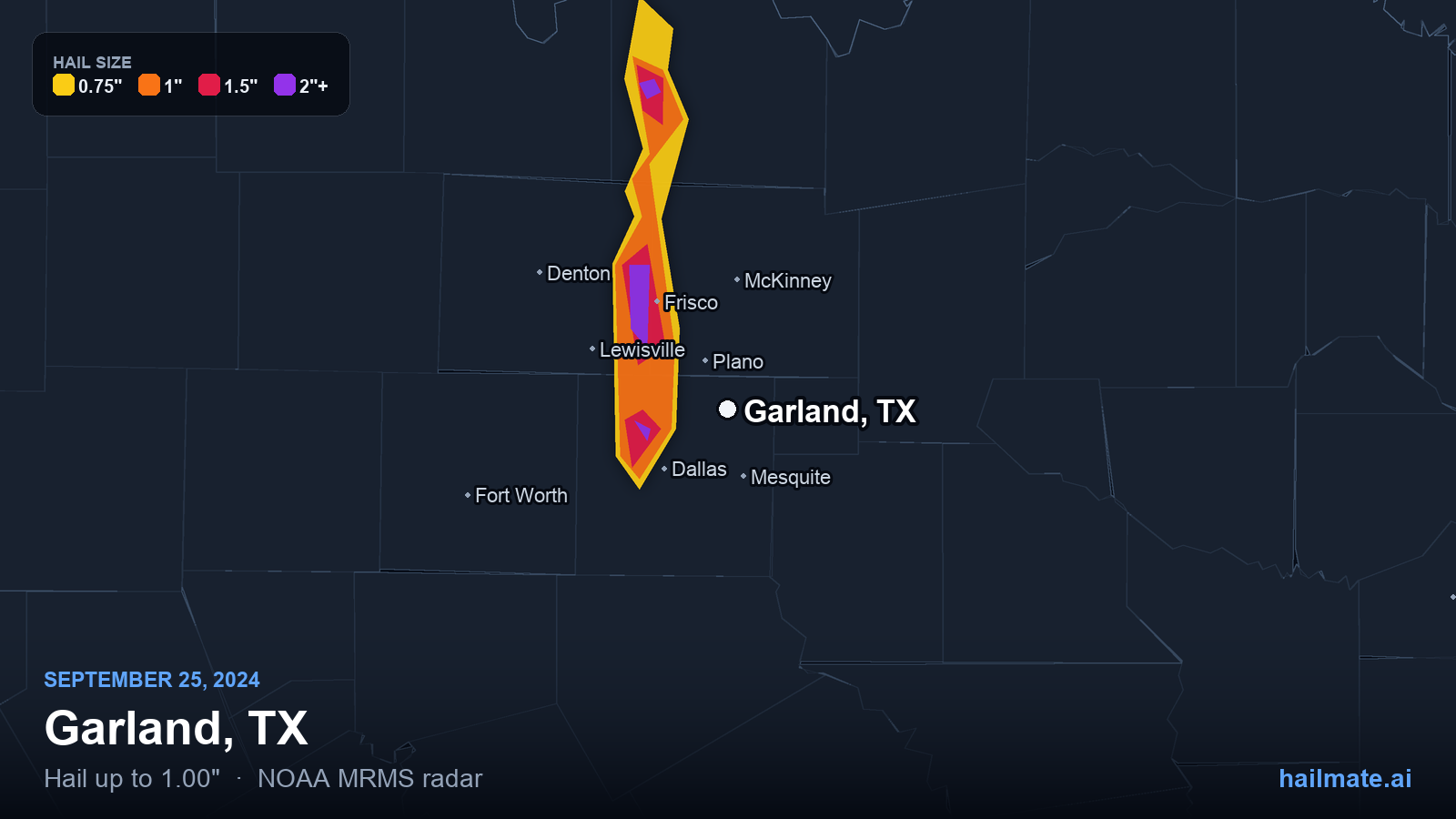 Hail swath map for Garland, TX on September 25, 2024 showing 1.00 inch hail.