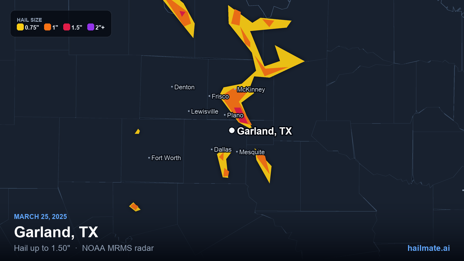 Hail swath map for Garland, TX on March 25, 2025 showing 1.50 inch hail.