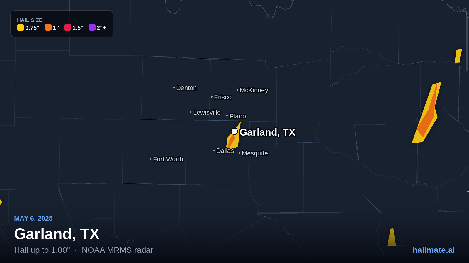 Hail swath map for Garland, TX on May 6, 2025 showing 1.00 inch hail.