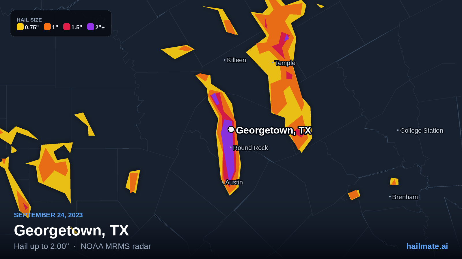 Hail swath map for Georgetown, TX on September 24, 2023 showing 2.00 inch hail.