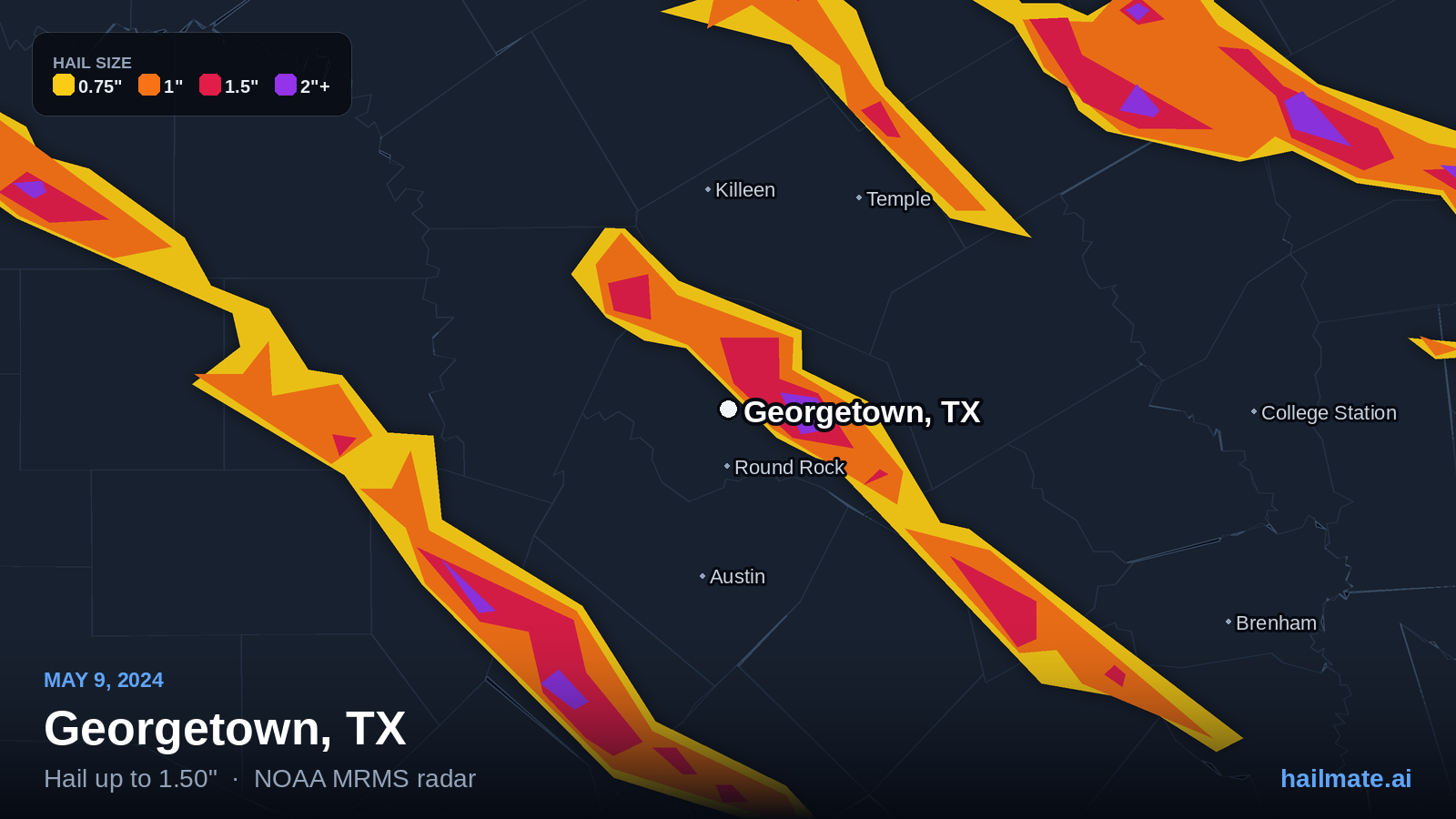 Hail swath map for Georgetown, TX on May 9, 2024 showing 1.50 inch hail.