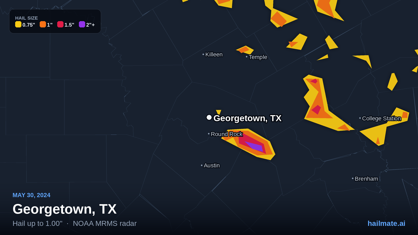 Hail swath map for Georgetown, TX on May 30, 2024 showing 1.00 inch hail.