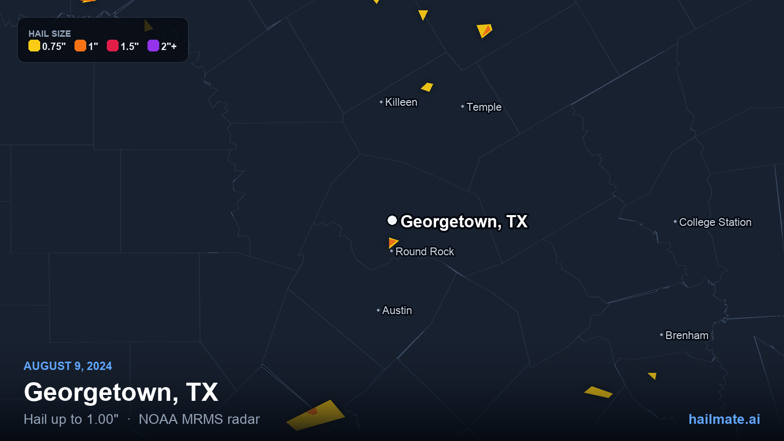 Hail swath map for Georgetown, TX on August 9, 2024 showing 1.00 inch hail.