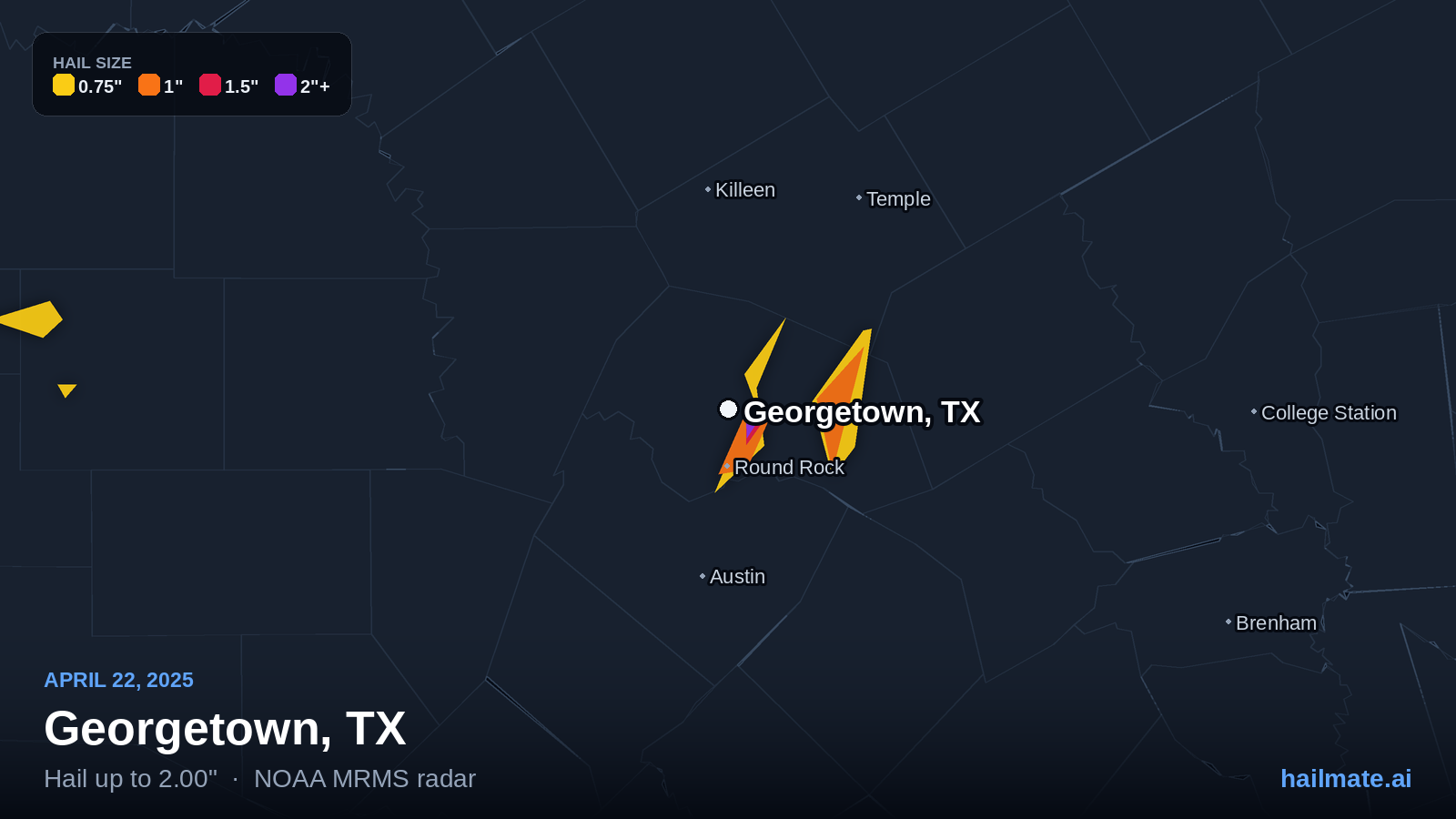 Hail swath map for Georgetown, TX on April 22, 2025 showing 2.00 inch hail.