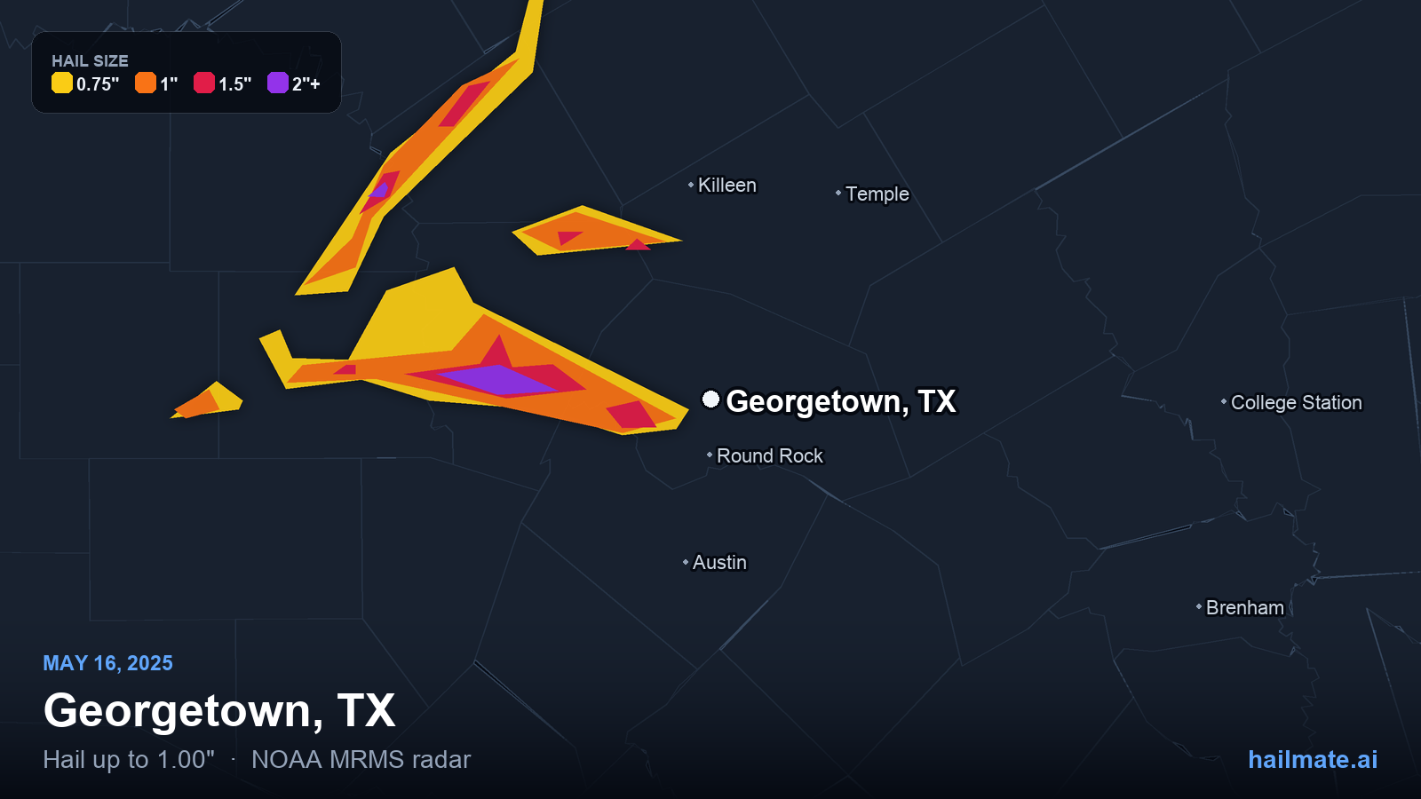 Hail swath map for Georgetown, TX on May 16, 2025 showing 1.00 inch hail.
