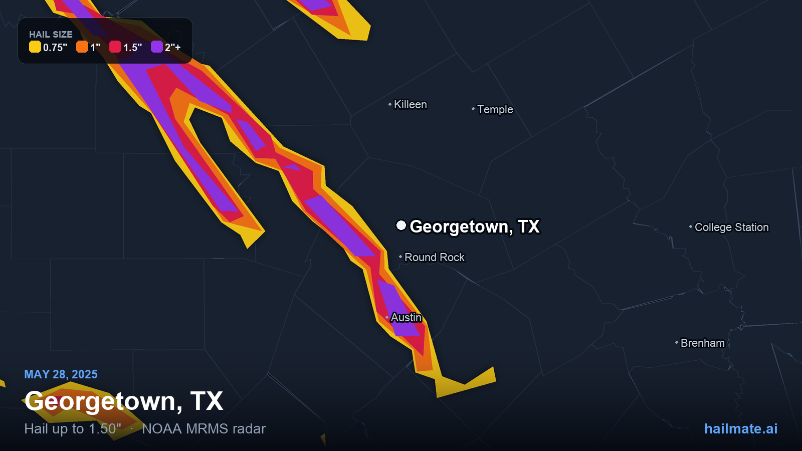 Hail swath map for Georgetown, TX on May 28, 2025 showing 1.50 inch hail.