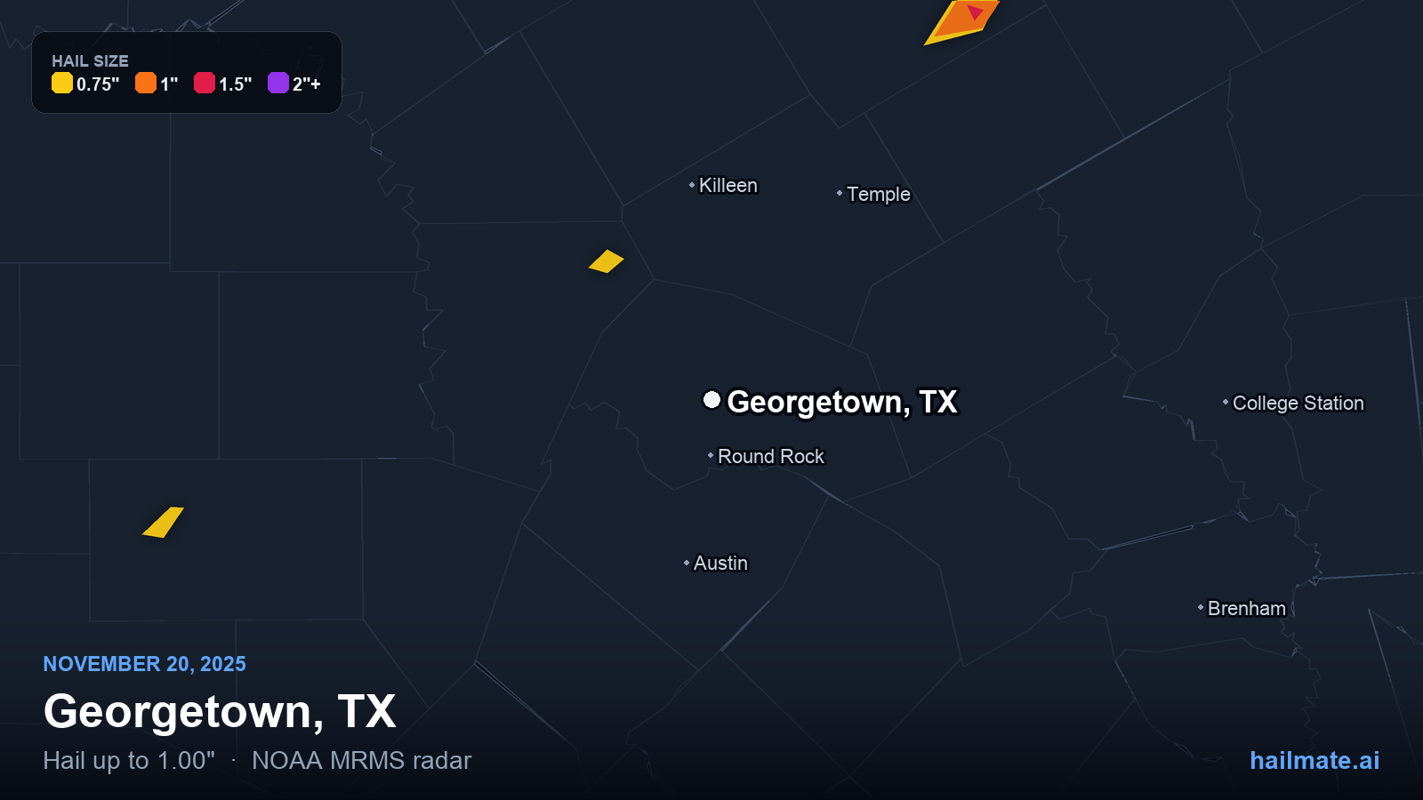 Hail swath map for Georgetown, TX on November 20, 2025 showing 1.00 inch hail.