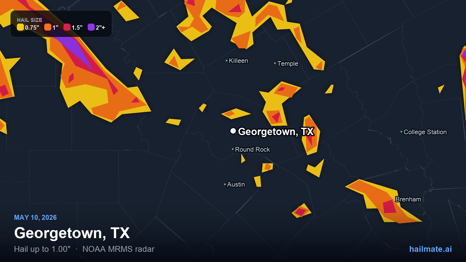 Hail swath map for Georgetown, TX on May 10, 2026 showing 1.00 inch hail.