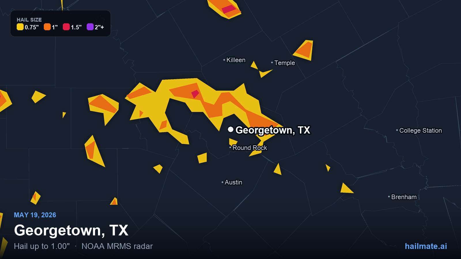 Hail swath map for Georgetown, TX on May 19, 2026 showing 1.00 inch hail.