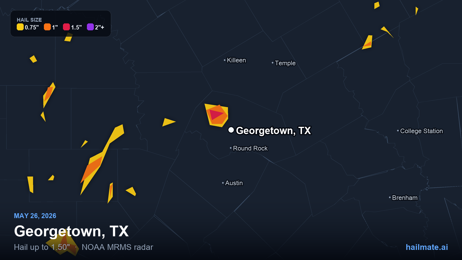 Hail swath map for Georgetown, TX on May 26, 2026 showing 1.50 inch hail.