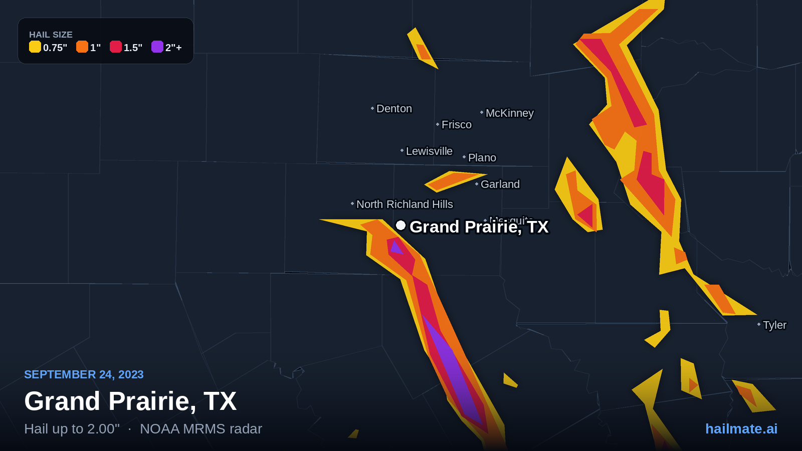 Hail swath map for Grand Prairie, TX on September 24, 2023 showing 2.00 inch hail.