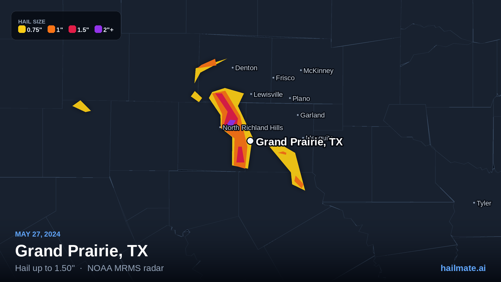 Hail swath map for Grand Prairie, TX on May 27, 2024 showing 1.50 inch hail.